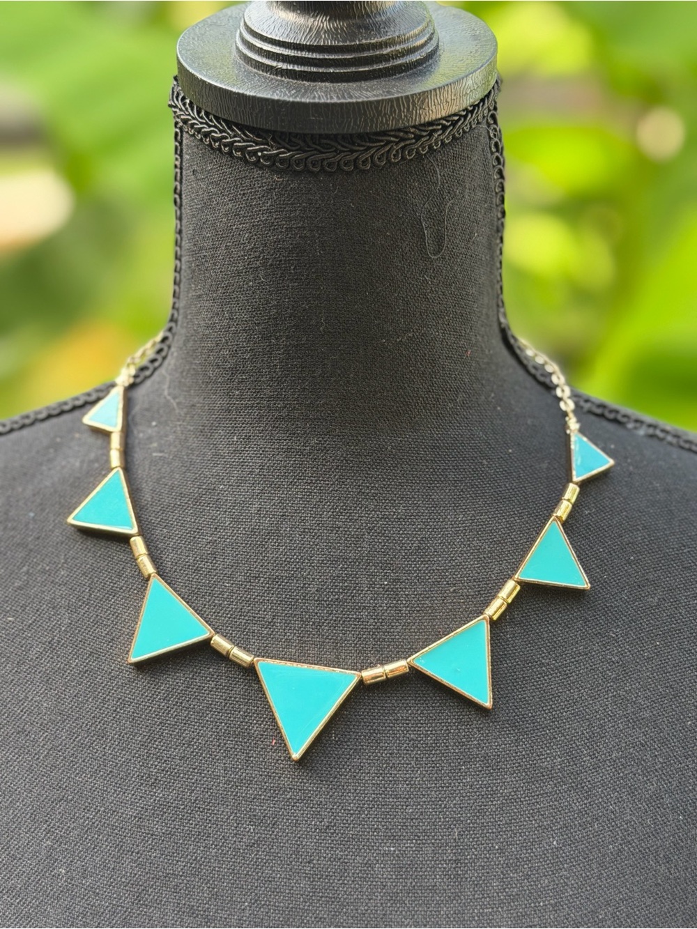 Geometric Turquoise & Antique Gold Triangle Statement Necklace - Picture 1 of 5